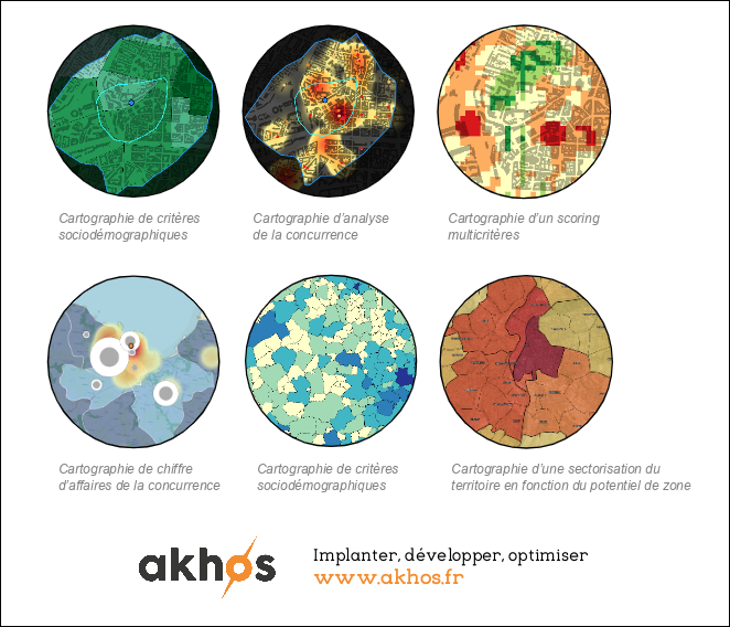 Extraits de cartographies : sociodémographie, concurrence, scoring multicritères, chiffre d'affaires, sectorisation