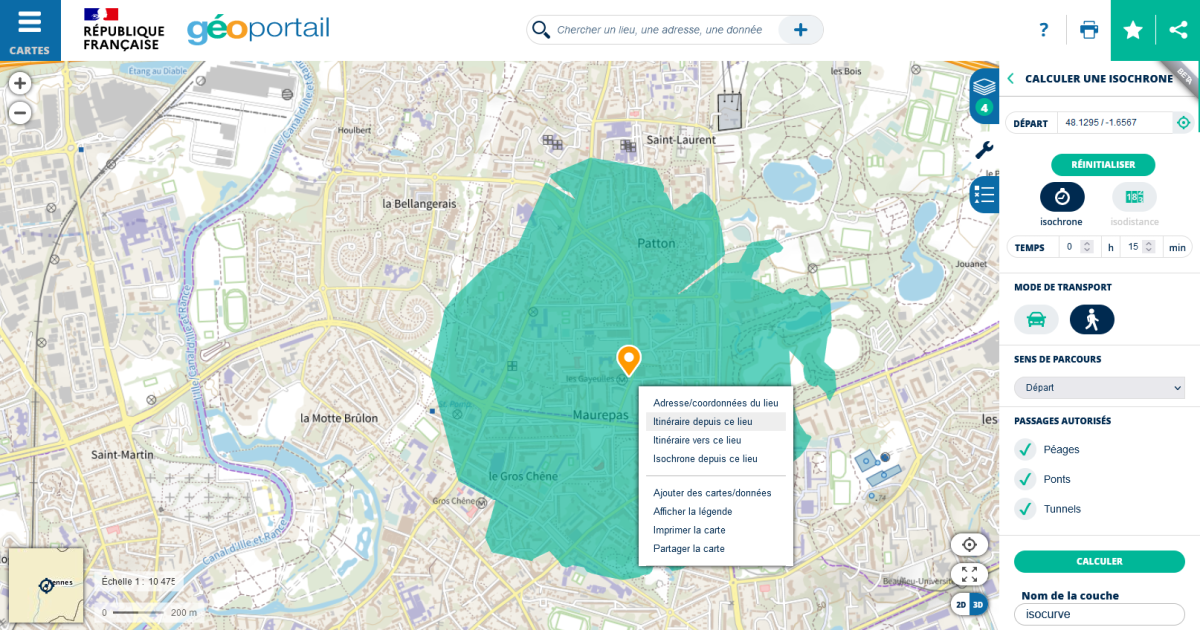 Un isochrone de 15 minutes à pieds calculé depuis le géoportail de l'IGN