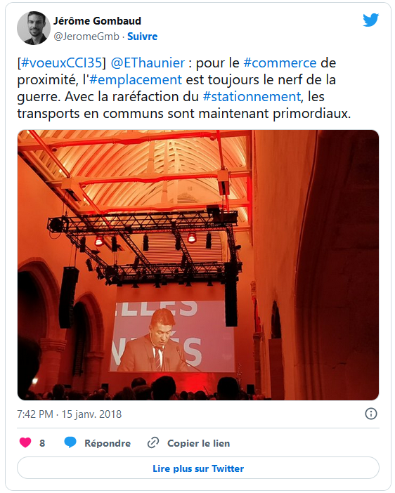 Voeux CCI35 2018 - Emmanuel Taunier : pour le commerce de proximité, l'emplacement est toujours le nerf de la guerre. Avec la raréfaction du stationnement, les transports en commun sont maintenant primordiaux