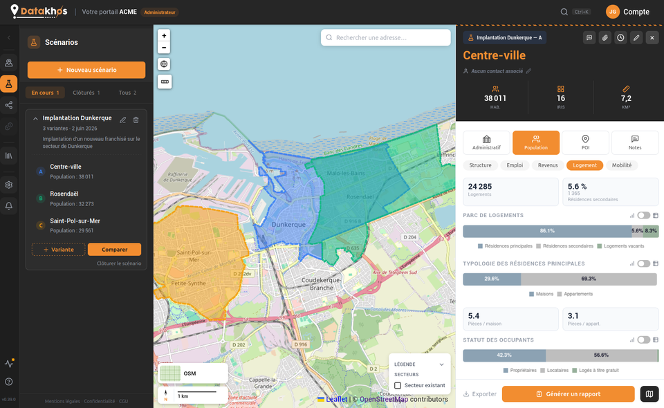 Datakhos, plateforme SaaS de géomarketing : sectorisation; ELM automatiques